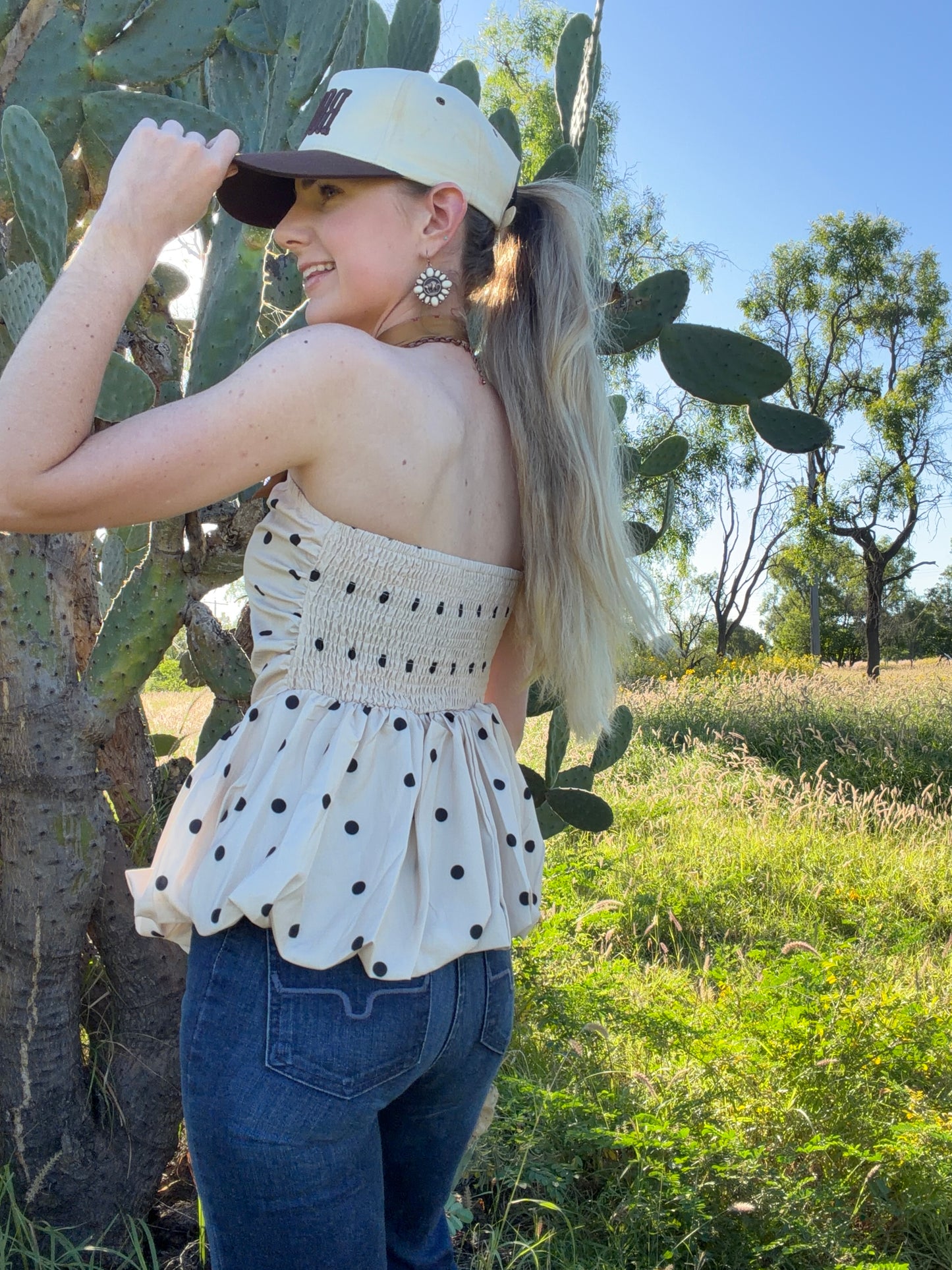 Lennon Polka Dot Strapless Peplum Top