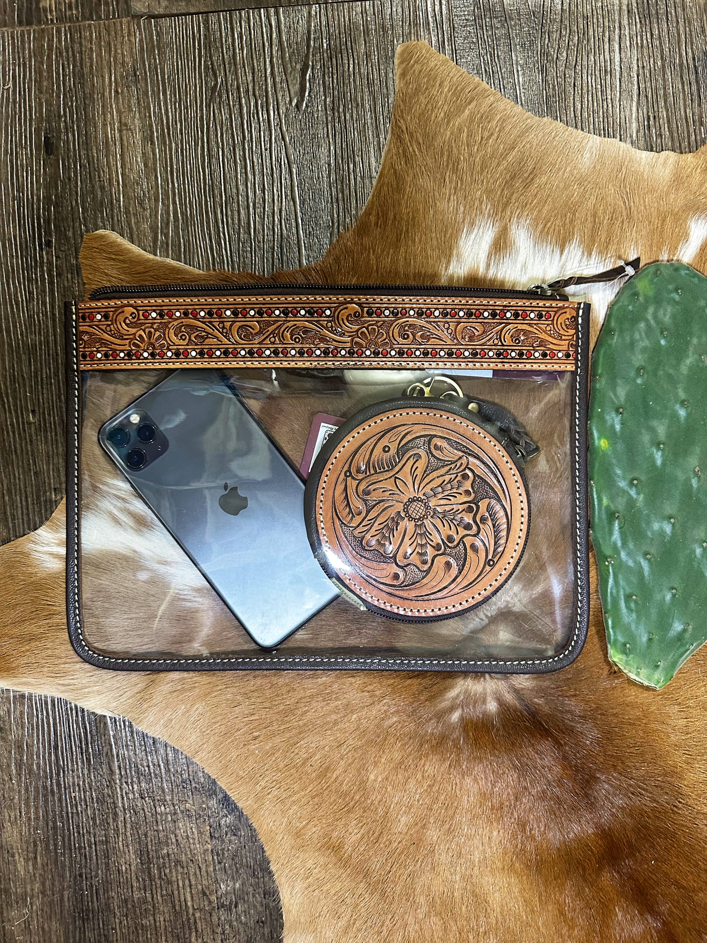 Dark Brown Tooling Leather Clear Clutch🤎