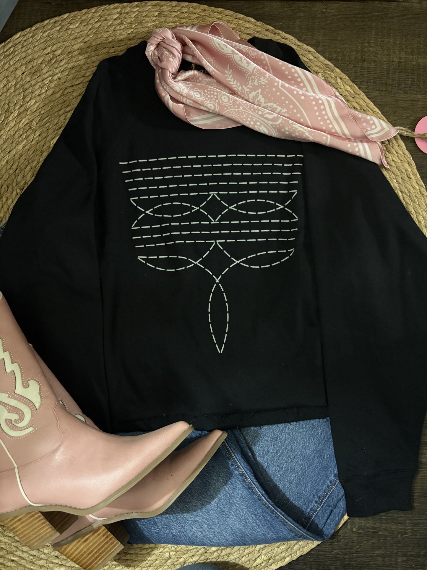 Black Boot stitch Crop Crew Jumper