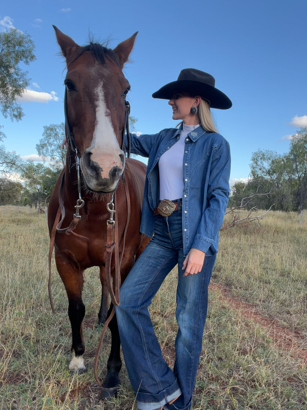 Denim Boot Stitch Pearl Snap