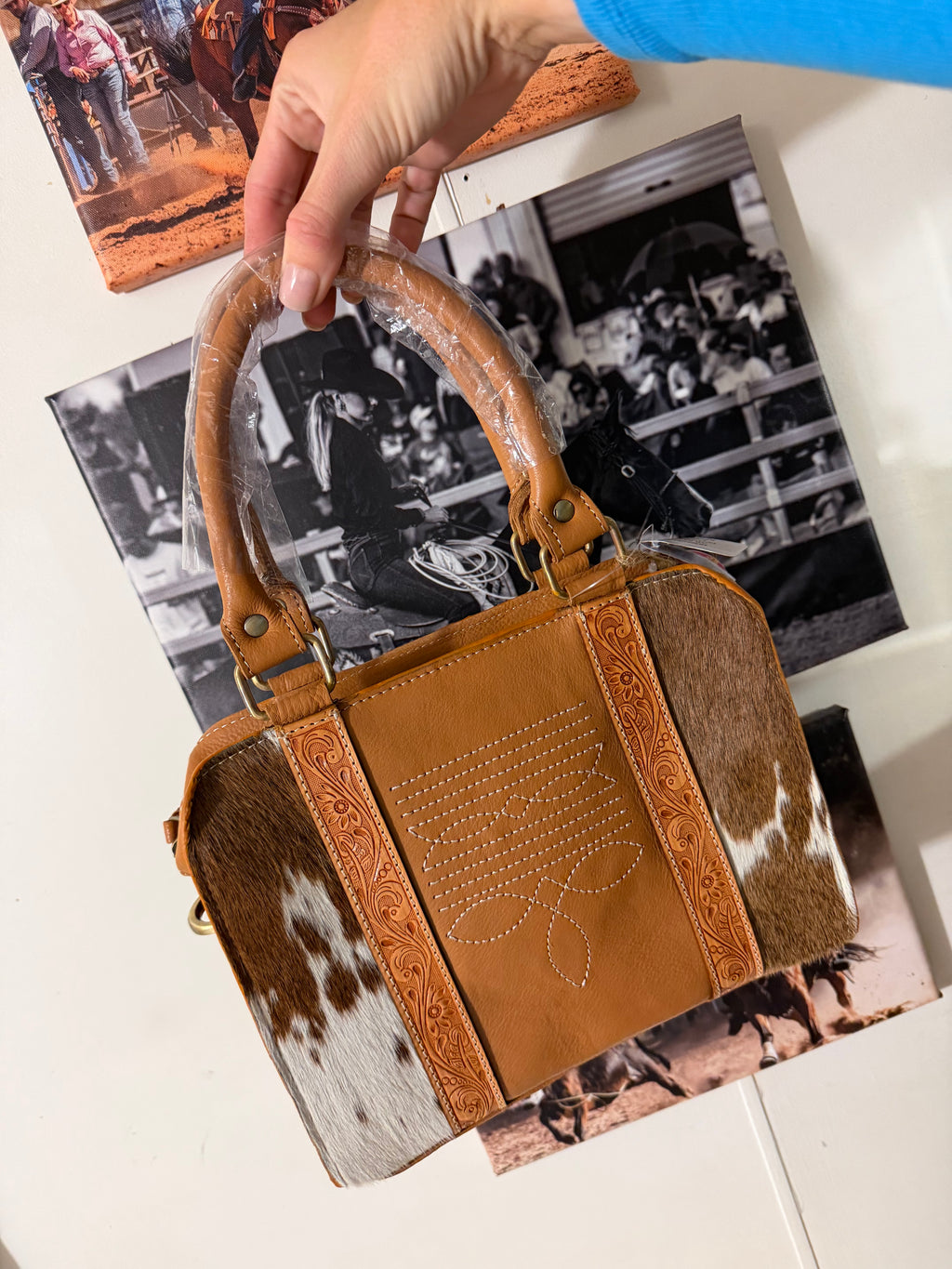 Tan Cowhide and Boot Handbag