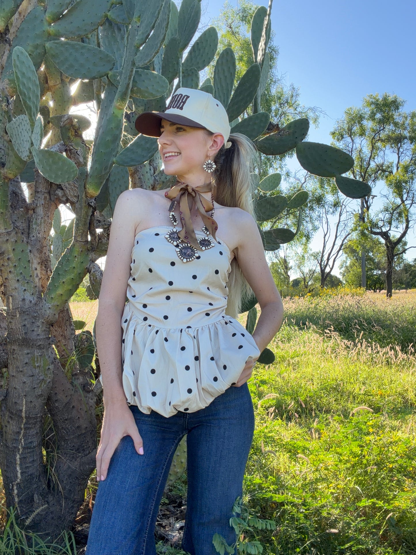 Lennon Polka Dot Strapless Peplum Top