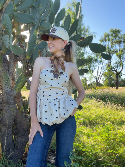 Lennon Polka Dot Strapless Peplum Top