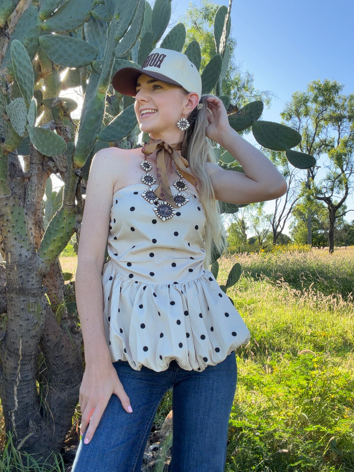 Lennon Polka Dot Strapless Peplum Top