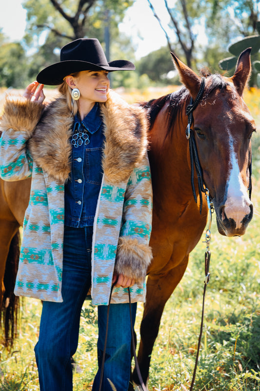 Jade Beige Aztec Removable Fur Coat