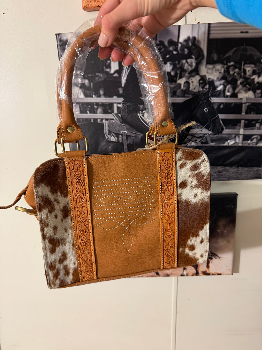 Tan Cowhide and Boot Handbag