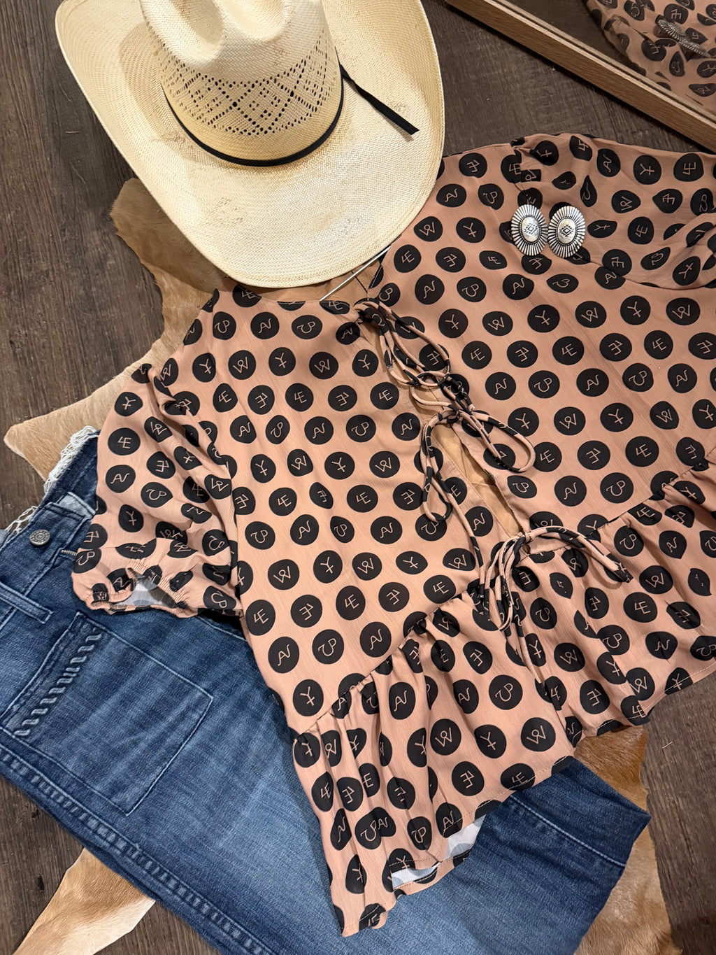 Mocha Brand Tie Blouse