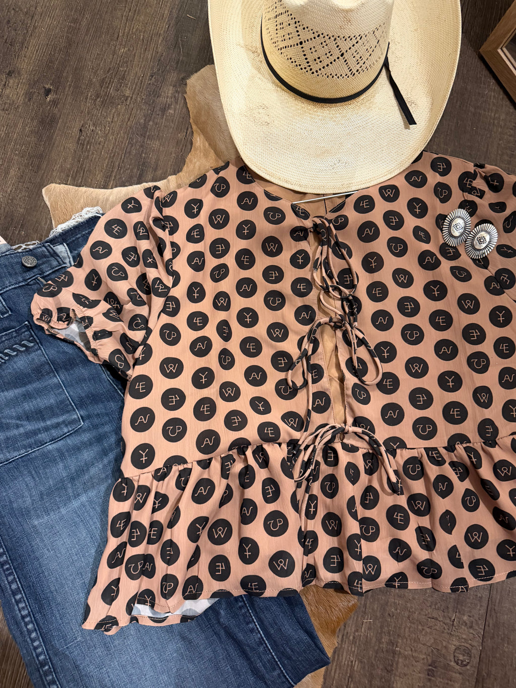 Mocha Brand Tie Blouse