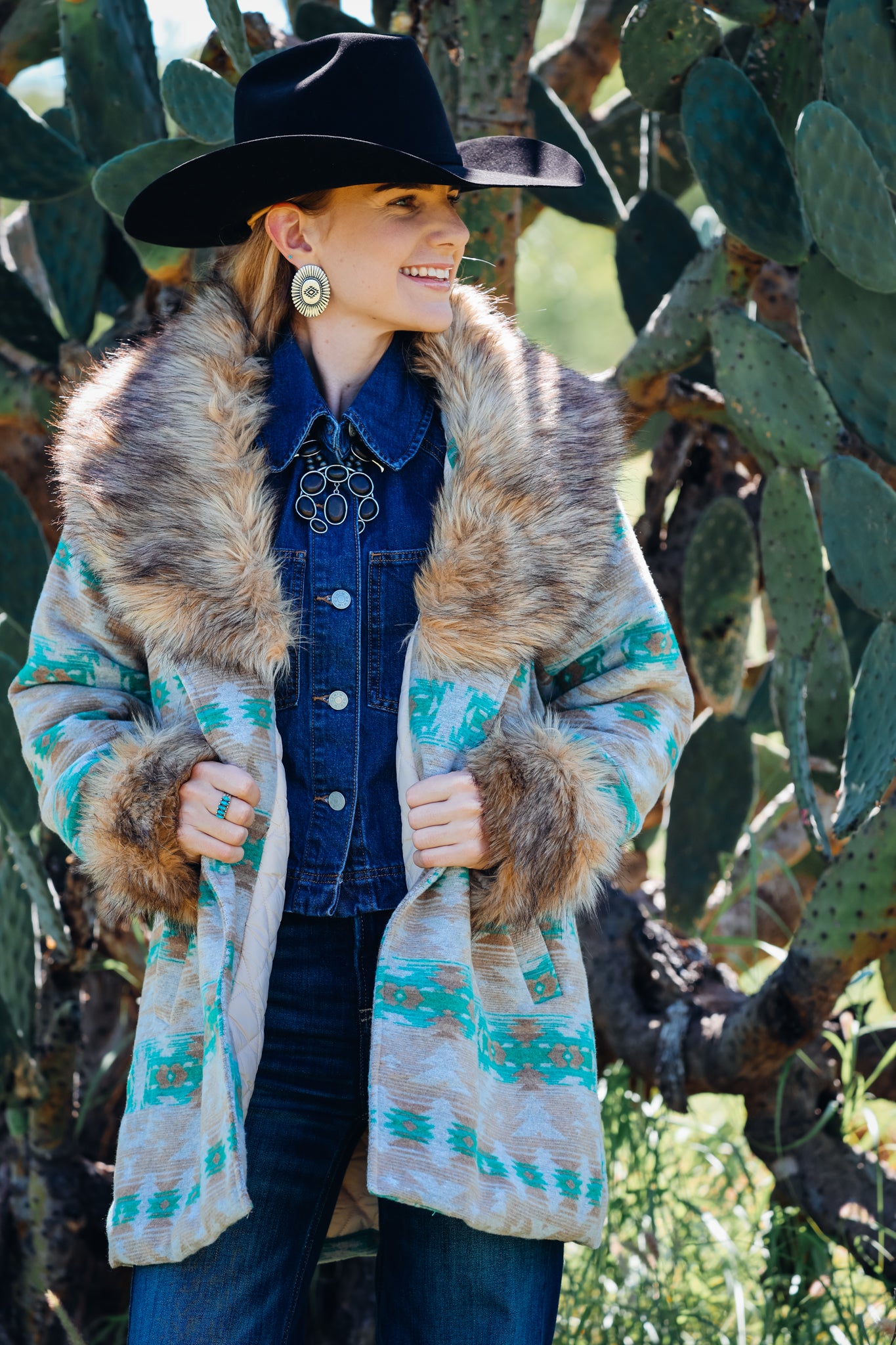 Jade Beige Aztec Removable Fur Coat