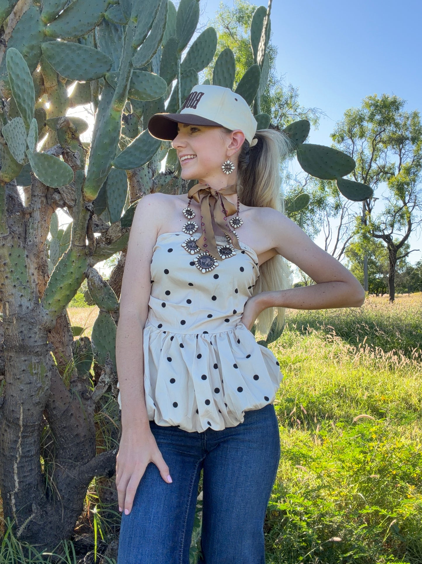 Lennon Polka Dot Strapless Peplum Top