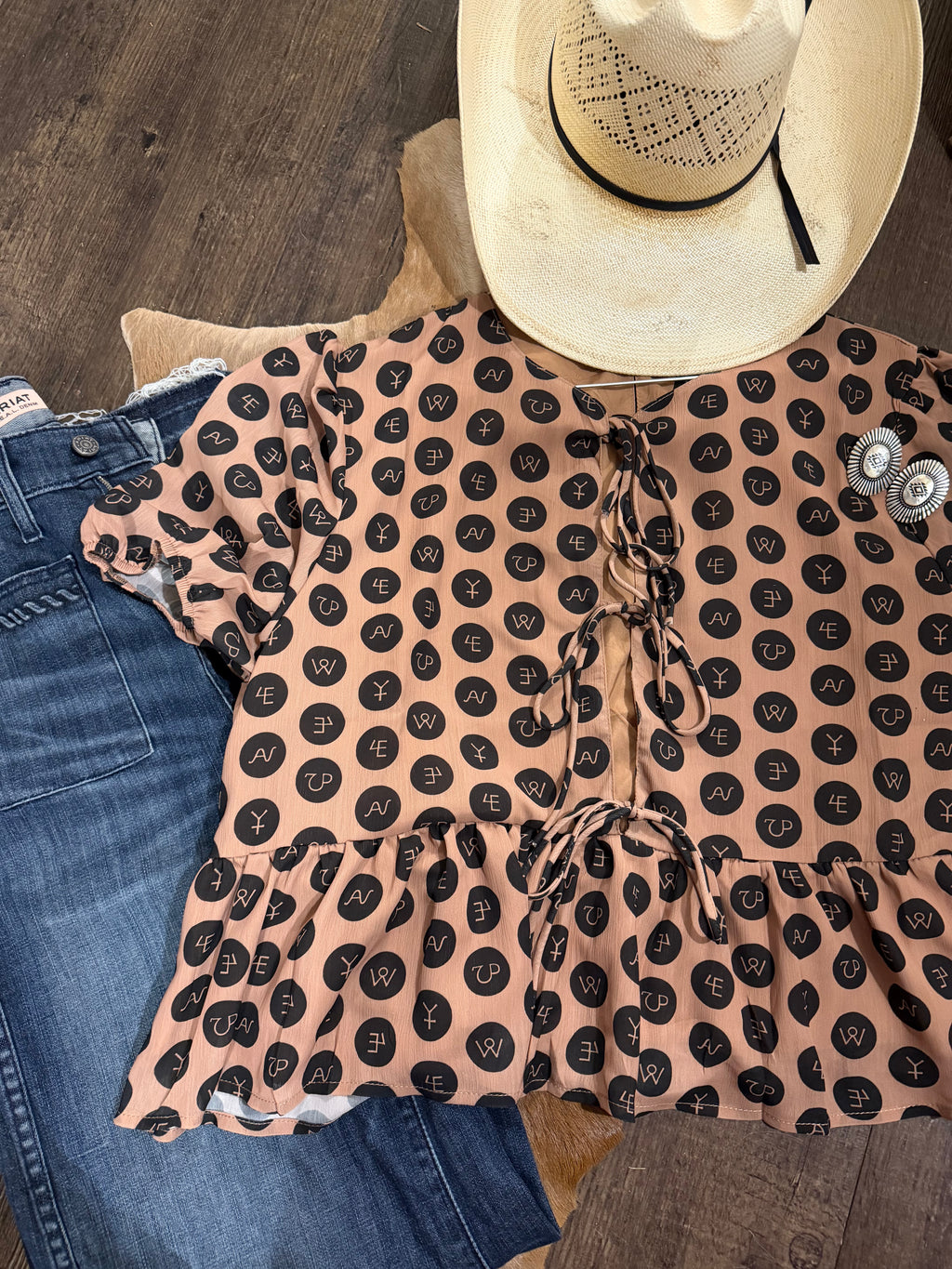 Mocha Brand Tie Blouse
