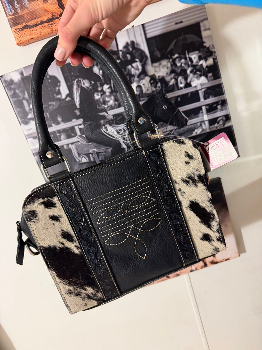 Black and White Cowhide and Bootstitch Handbag