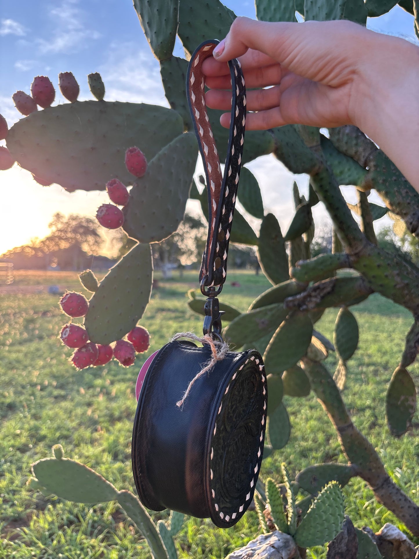 Round Black Tooled Leather Wristlet 🖤
