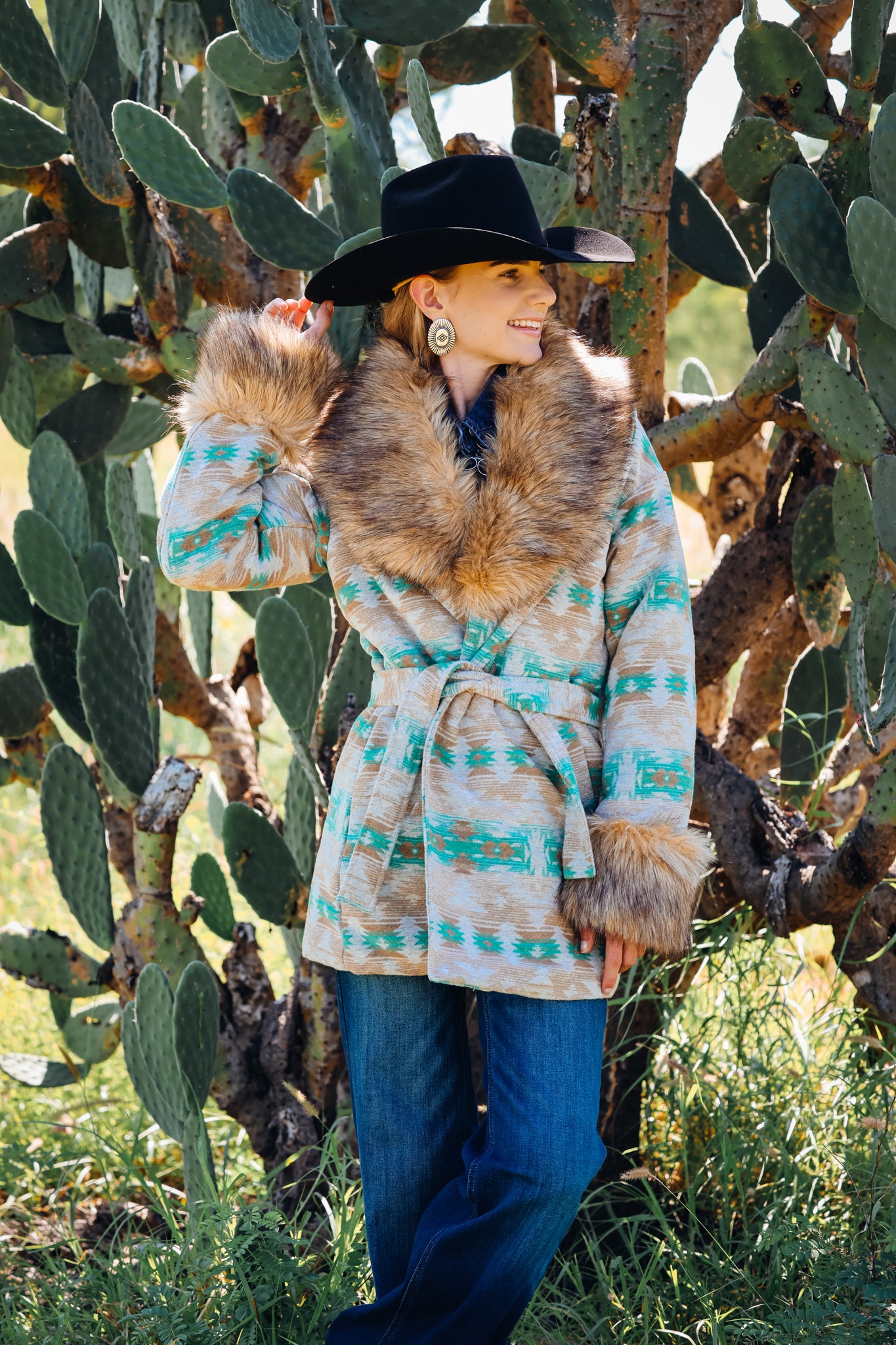 Jade Beige Aztec Removable Fur Coat