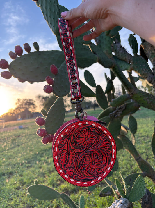 Round Red Tooled Leather Wristlet ❤️‍🔥