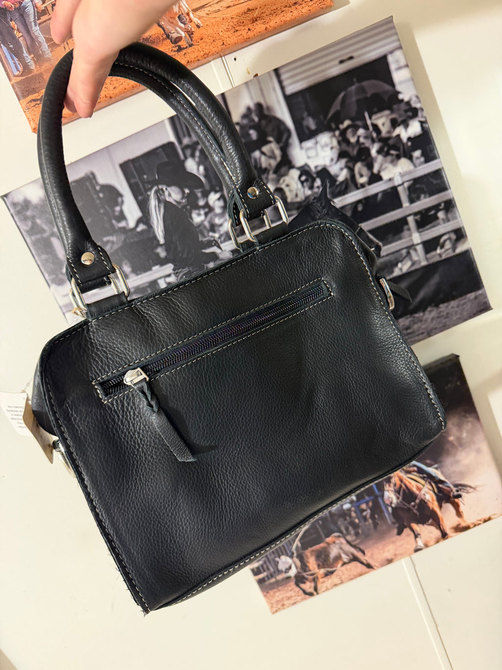 Black and White Cowhide and Bootstitch Handbag