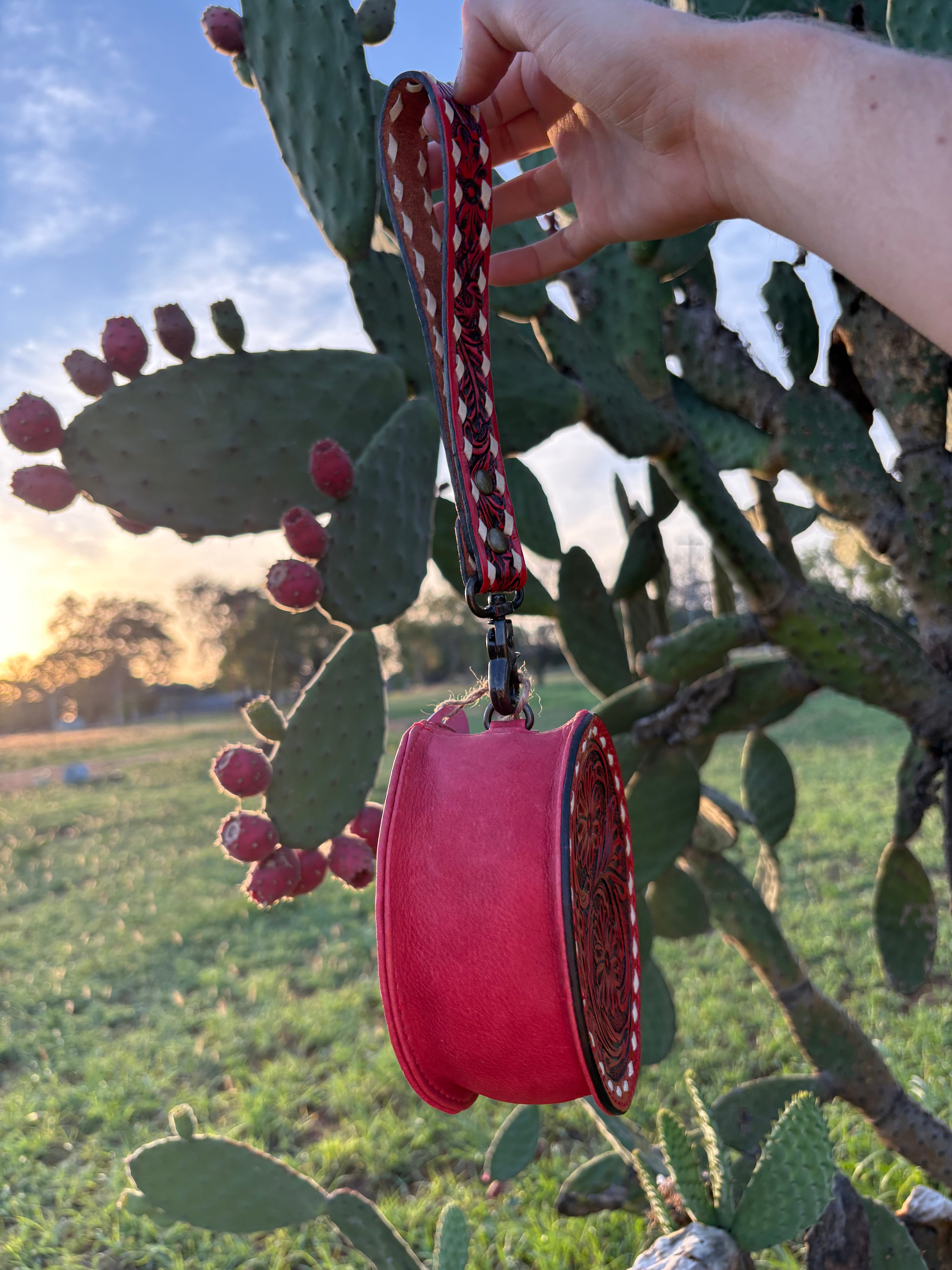 Round Red Tooled Leather Wristlet ❤️‍🔥