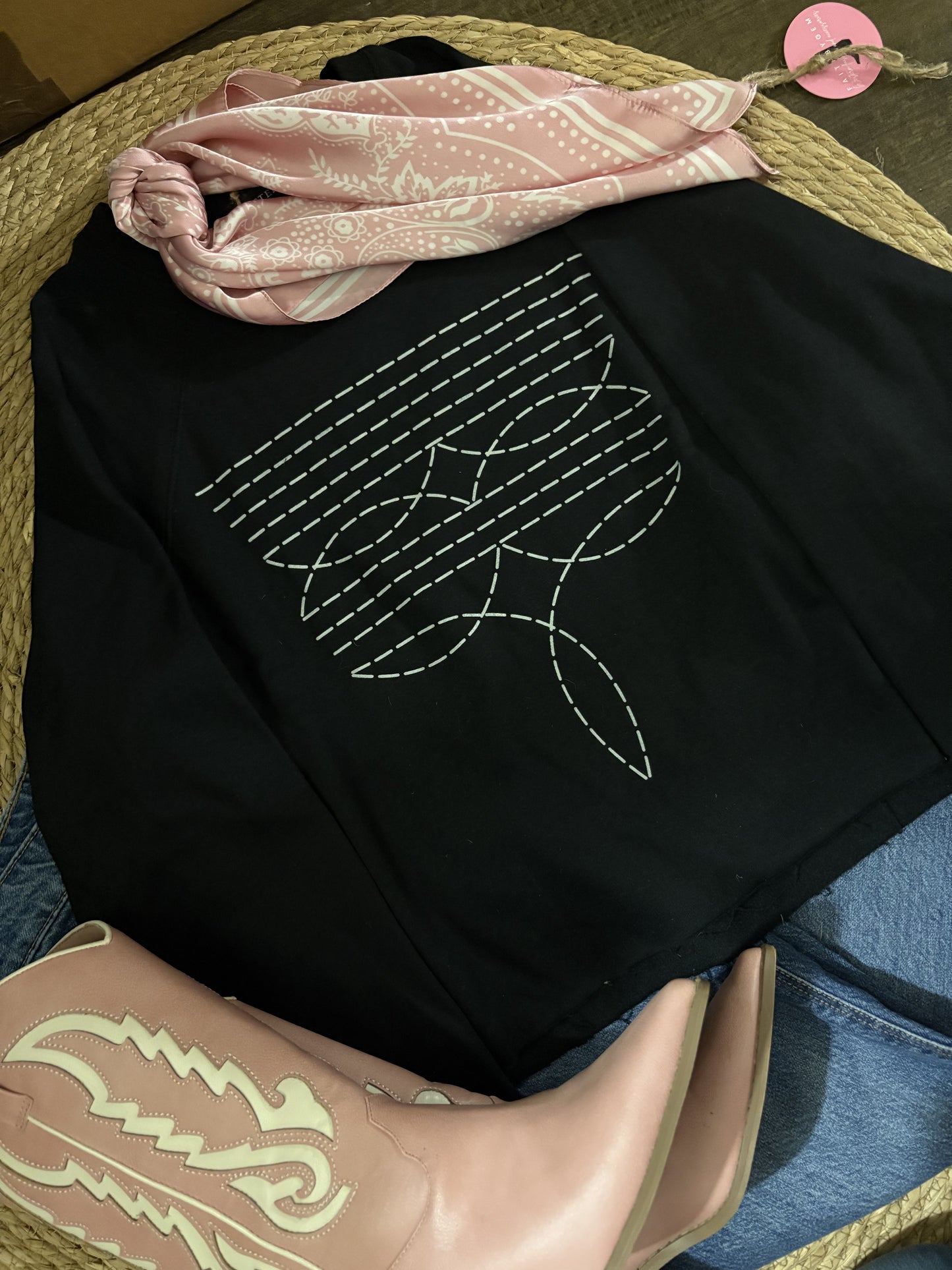 Black Boot stitch Crop Crew Jumper
